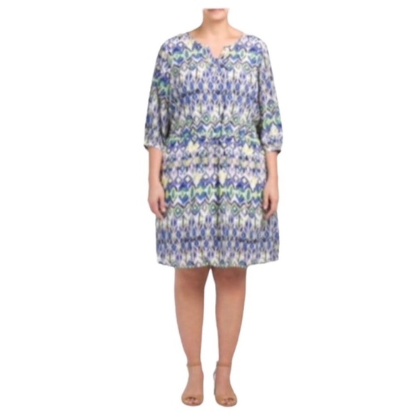 NYDJ Alexa Womens Blue Elbow Sleeve Fit Flare Dress Shapewear Plus Sz 2X New - Picture 1 of 8